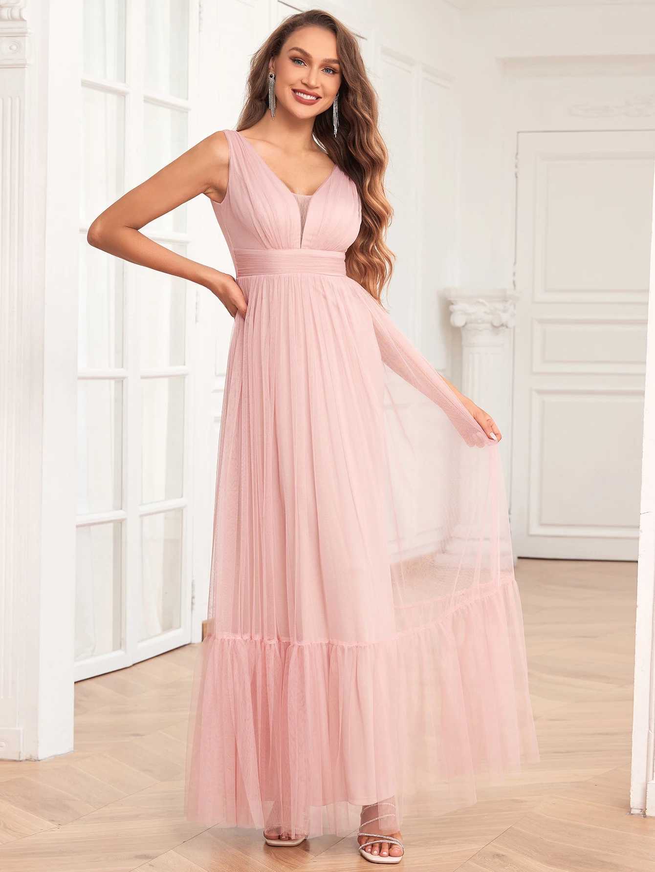 Runway Dresses New Womens Elegant Double V Neck Slveless Tulle Fully Lined Evening Gown A-Line Fluffy Tulle Wedding Bridesmaid Party Y240426
