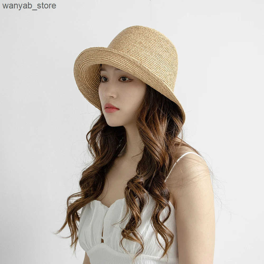Wide Brim Hats Bucket % Natural raffia straw hand weaved bucket hat women wide brim foldable L240910