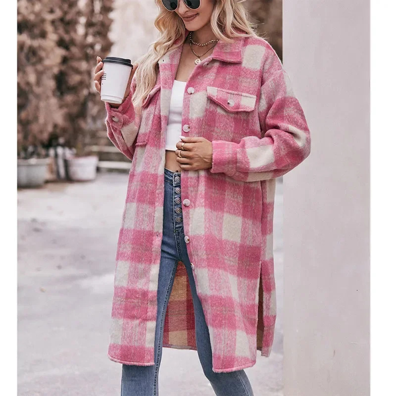 2023 Autumn and Winter Elegant Fashionable Polo Collar Stripe Spliced Temperament Loose Womens Long Plaid Coat 241129