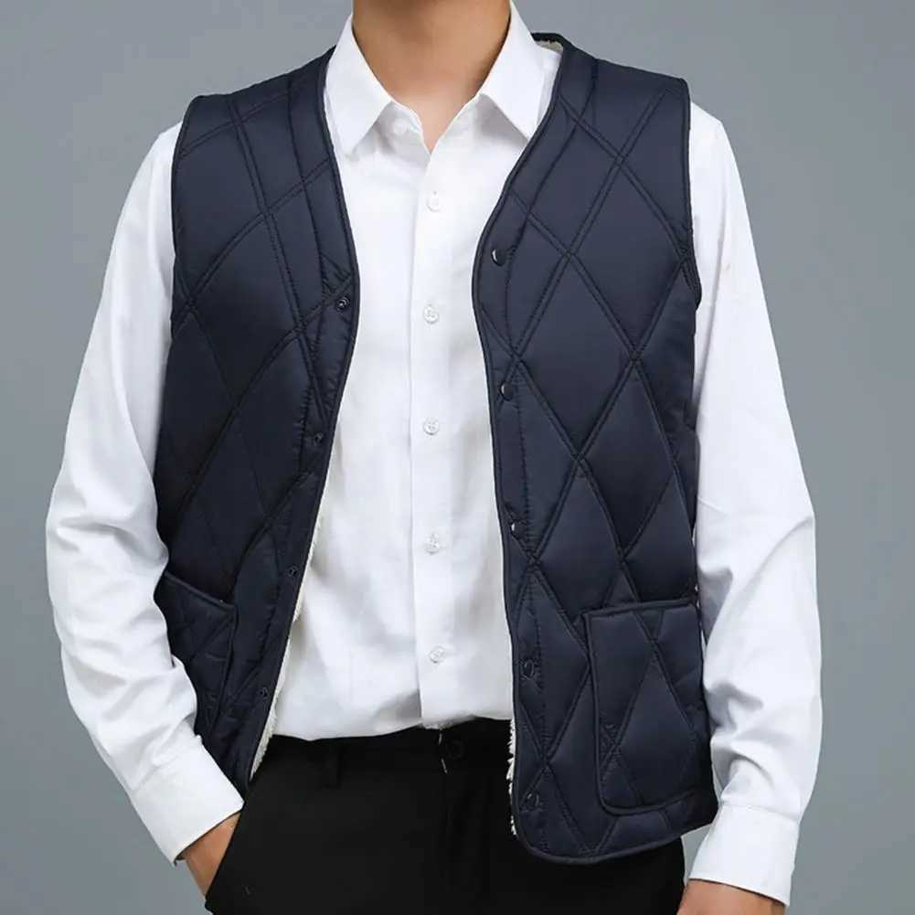 Men's Down Parkas Men Quilted Vest Stylish Mens Velvet Quilted Waistcoat with Plush Lining V-neck Single-breasted Winter Vest for Cold Weather z2