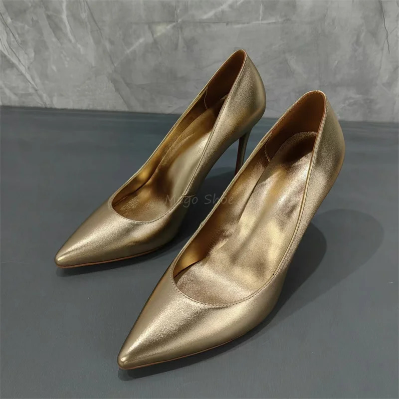 Golden Leather Shallow Shoe 10Cm High Stiletto Heels Pumps Matte Handmade Quality Shoes Big Size 43 for Lady 241126