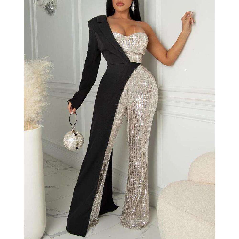 European American e-commerce women's sier patchwork single shoulder fashionable sequin jumpsuit 2024 new style chic and elegant clothing