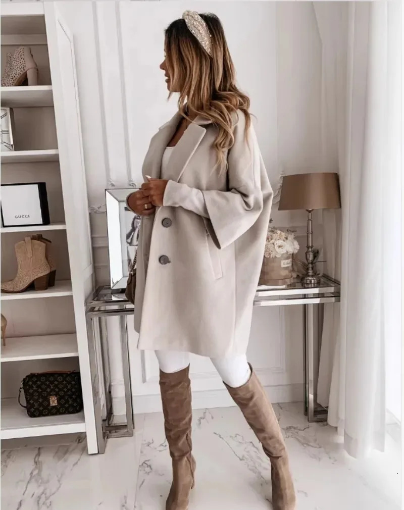 Autumn Winter Womens 34 Long Sleeve Button Lapel Pocket Woolen Warm Jacket Coat Solid Color Minimalist and Versatile 241121