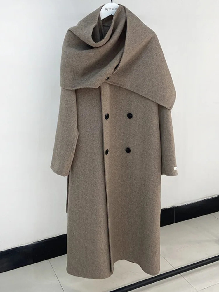 LANMREM Shawl Scarf Collar Wool Coat For Women Doublebreasted Solid Color Doublesided Woolen Belt Coats Winter 2R4921 241129