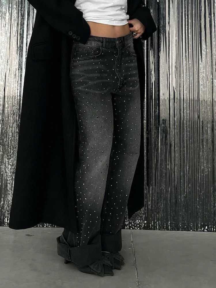 Women's Jeans Rockmore 2024 vintage womens jeans y2k with diamonds Distressed straight denim pants H241130