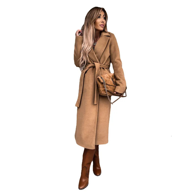 Cross Border Womens Solid Collar Long Sleeve Woolen Coat Simple Strap Windbreaker 241129
