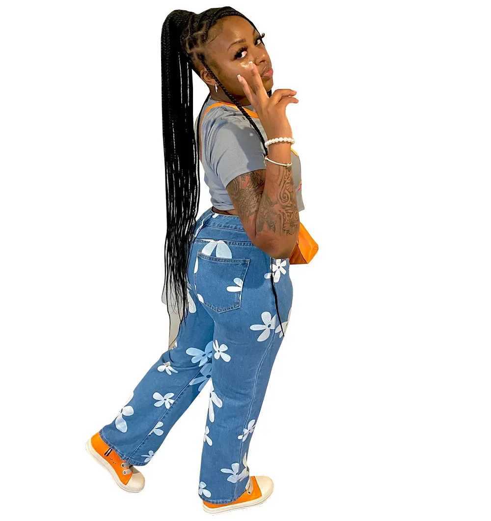 Women's Jeans High waisted washed vintage denim pants with floral print straight leg jeans for womens stretch pants straight wash Trouser H241130