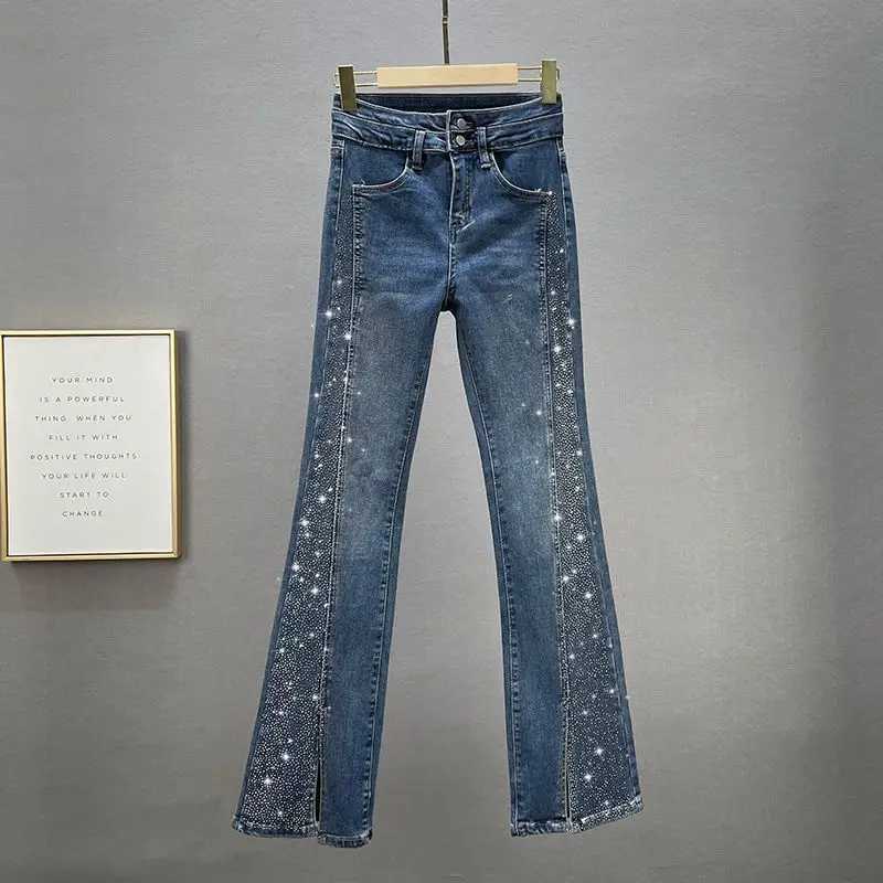 Women's Jeans Womens Fashion Jeans 2024 New High Waist Ultra Thin Fitness Weight Loss European Product Rhinestone Split Boots Trouser H241130