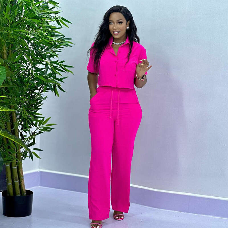 African Suit Summer Solid Color Casual Plus Size Foreign Trade Short Sleeved Shirt Long Pants Women's European And American Two-Piece Set