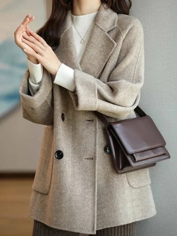 Winter Wool Coats Fashion Overcoat Female Elegant Solid Thick Woolen Coat Double Breasted Long Jackets Office Trench Women 241121