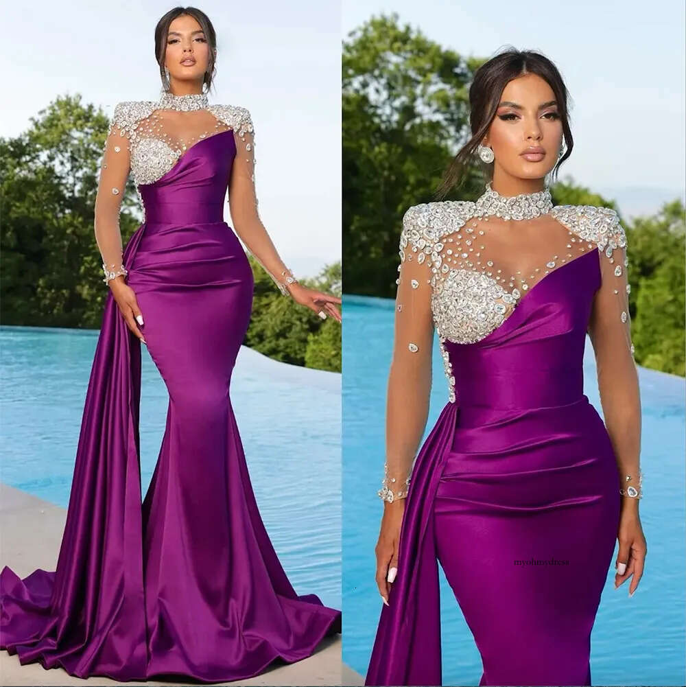 Elegant Purple Mermaid Evening Dresses Beaded High Collar Party Prom Illusion Sleeves Long Dress For Special Ocn 0431