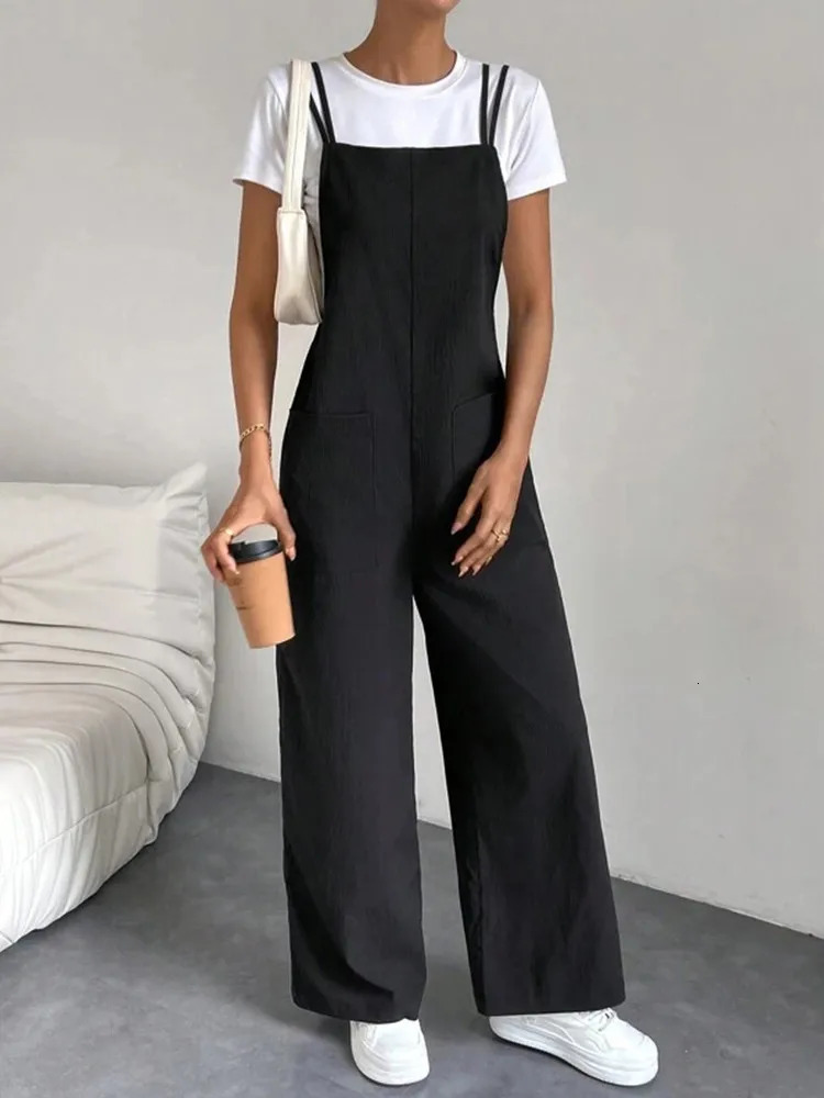 European and American Suspender Jumpsuit Womens 2024 Summer Fashion Casual Solid Long Wide Leg Women Overalls 241120