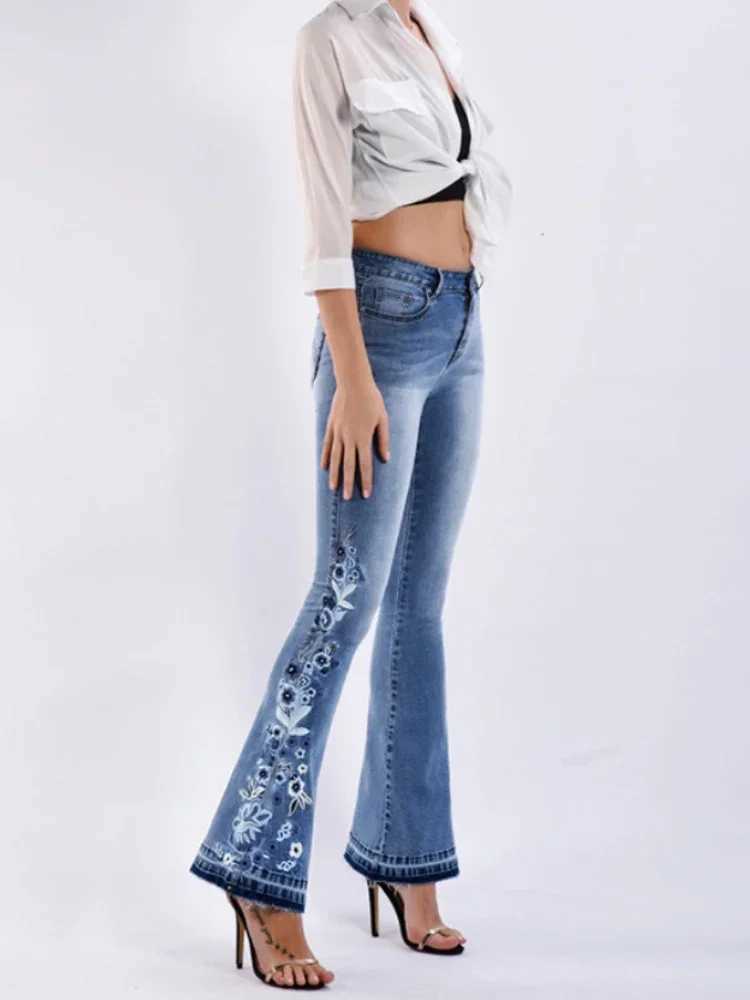 Women's Jeans European and American womens clothing denim flash pants embroidered denim spring autumn wide leg jeans womens pants H241130