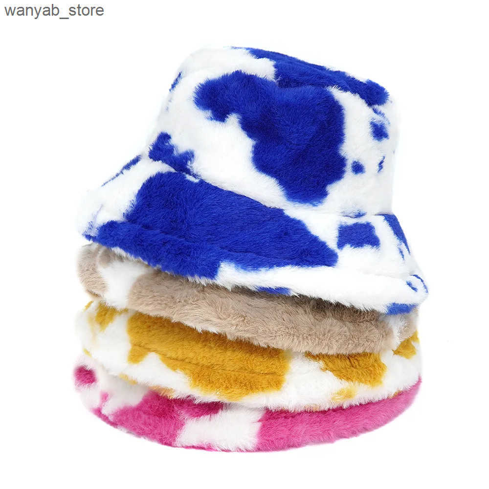 Wide Brim Hats Bucket 2024 Winter New Fluffy Hat Mens Fashion Warm Unisex Fisherman Womens Leisure Print Basin Cap L240910