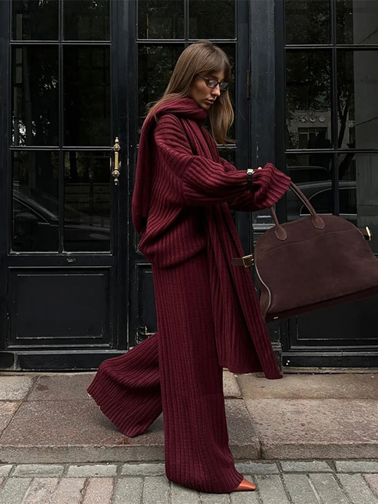 Chic Burgundy Scarf Collar Sweater Set Woman 2 Pieces Fashion Oversize Sweaters Wide Leg Pants 2024 Ladies Street Outwears 241129