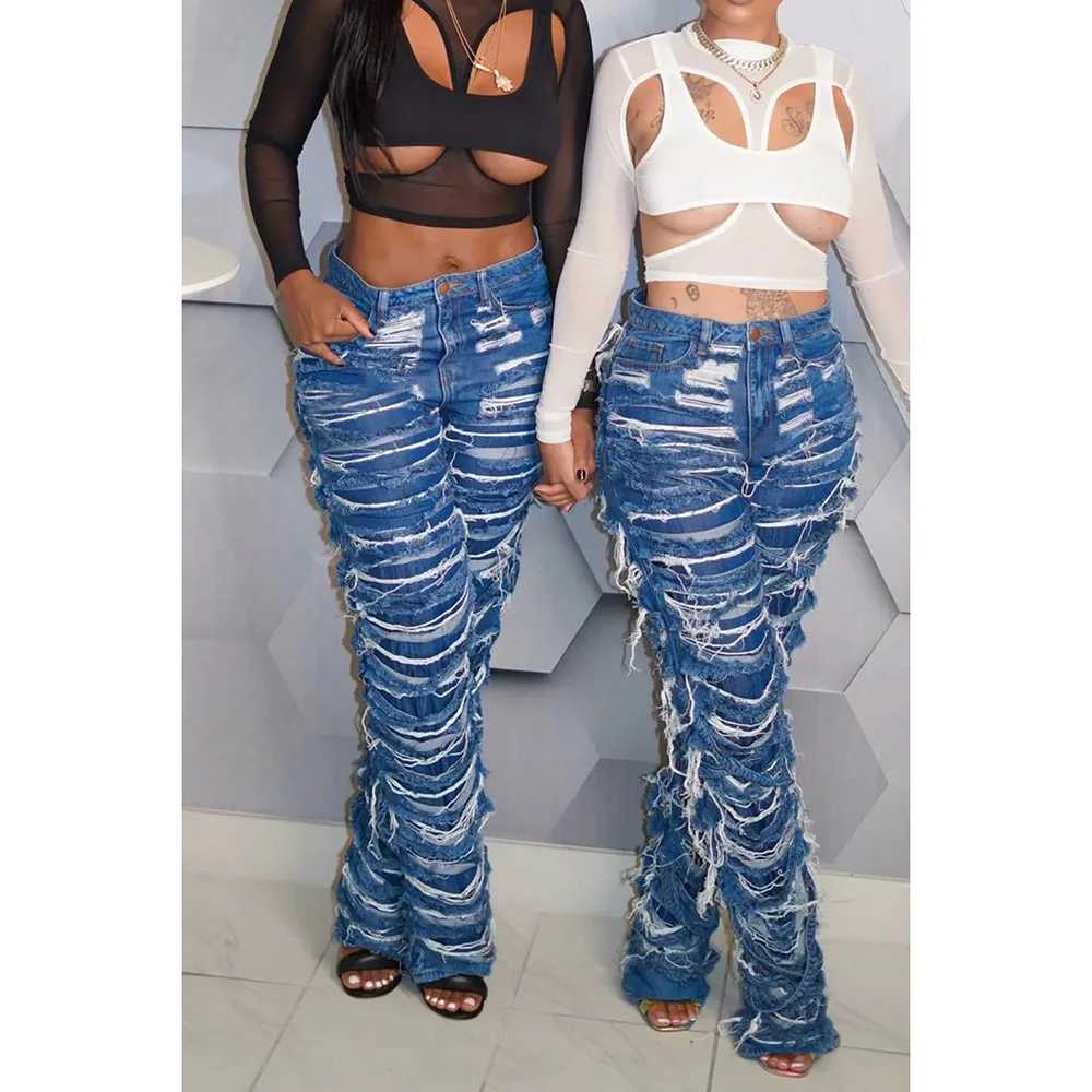 Women's Jeans Plus size womens jeans fashionable high waisted button blue spring and summer hole pocket loose slim straight trend mens style H241