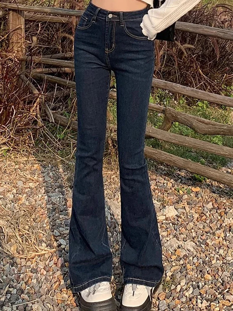 Female High Waist Vintage Bell Bottom Jeans Lady Slim Fit Denim Flare Pants Deep Blue Light Black Gray Trousers 241121