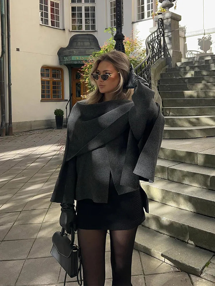 Elegant Solid Scarf Collar Irregular Split Hem Woolen Jacket Women Chic Long Sleeves Loose Warm Coat 2024 Autumn Lady Overcoat 241121