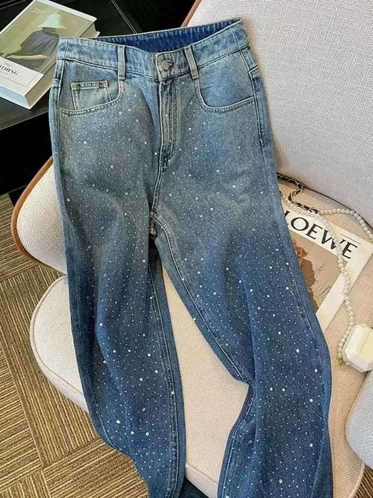 Women's Jeans Korean fashion womens high Strt style blue straight denim Trouser retro polka dot print high waist wide leg bag Y2K jeans pants H24