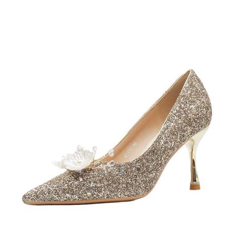 Fashion Glitter New Womens High Heels Thin Heels Pointed Wedding Shoes Classic Shoe Flower Versatile Single Shoes