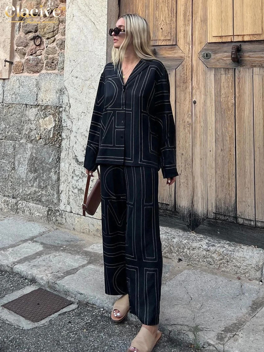Clacive Fashion Long Sleeve Blouse 2 Piece Set Outfit Elegant Loose Print Pants Casual High Waist Wide Trousers Suits 241129