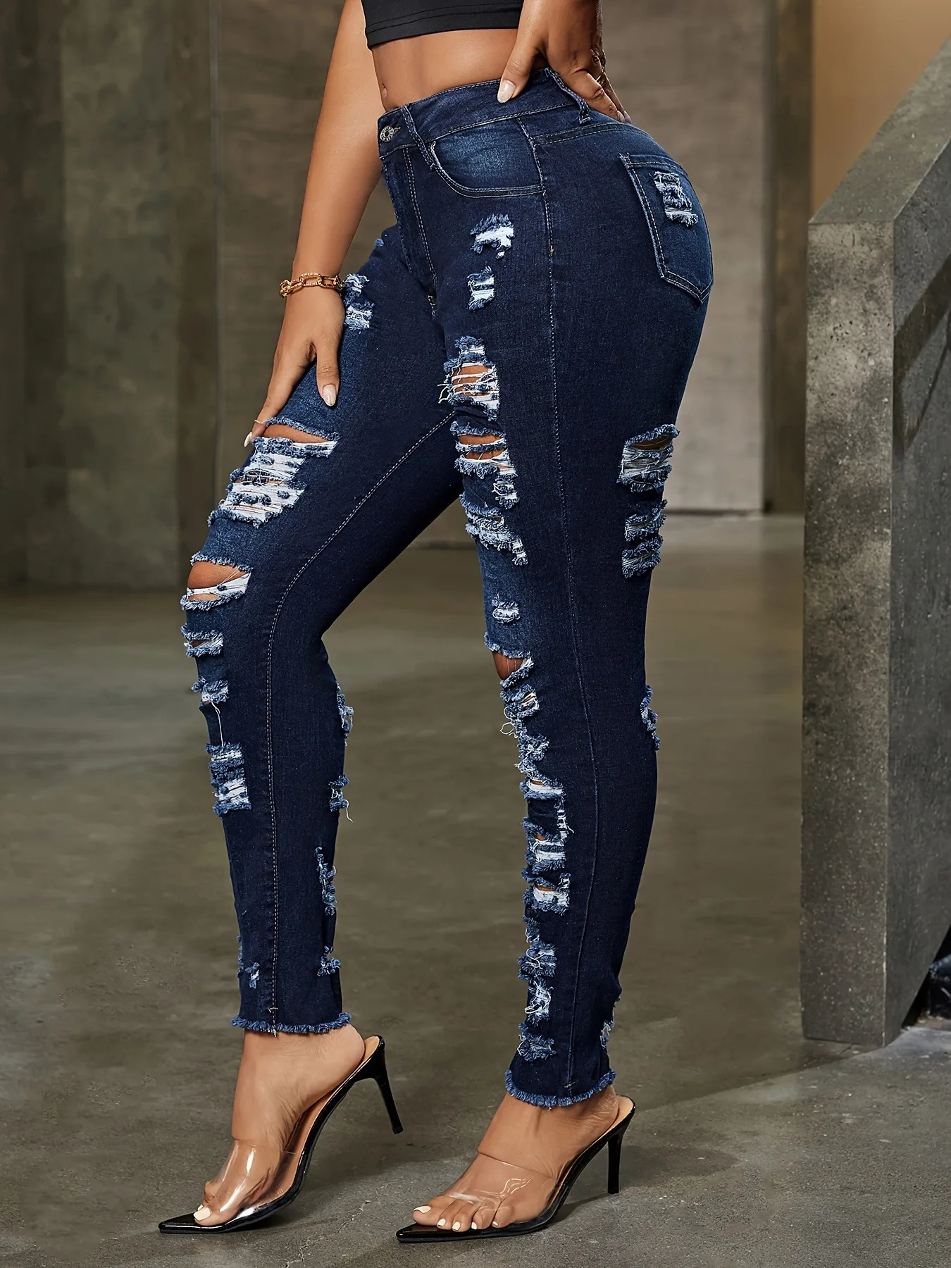 Womens skinny ripped stretch jeans elegant distressed slim fit trousers with diagonal pockets small feet blue washed 241121