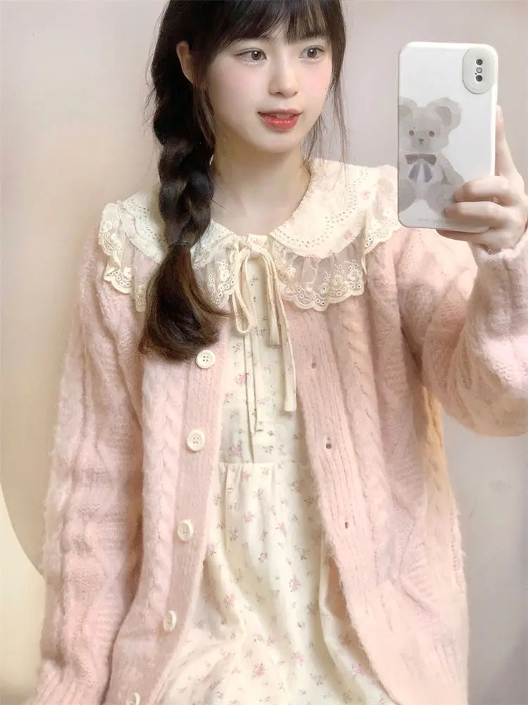 Harajuku Sweet Pink Long Sleeve Knitted Top Y2k Peter Pan Collar Floral Dresses 2024 Autumn Two Piece Sets 241129