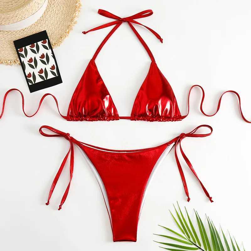 Women's Swimwear Sexy red shiny triangle mini thong bikini set suitable for women mini swimsuit bead suspender bikini drone swimsuit 2024 H241130