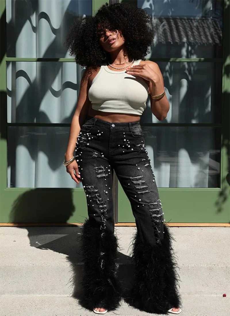 Women's Jeans Fashion denim cloth tassel pearl decoration feather loose straight pants for women high waisted denim pants H241130