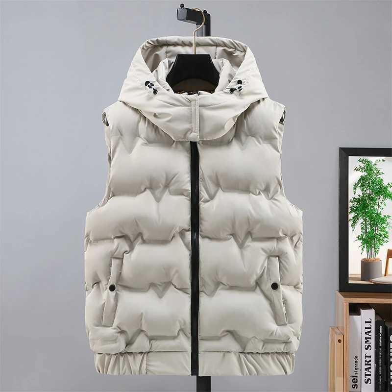Men's Down Parkas 2024 Autumn and Winter Cotton Vest Solid Fashion Warm Sleeveless Jacket for Man with Hooded Casual Thick Mens Outwear Vest z241