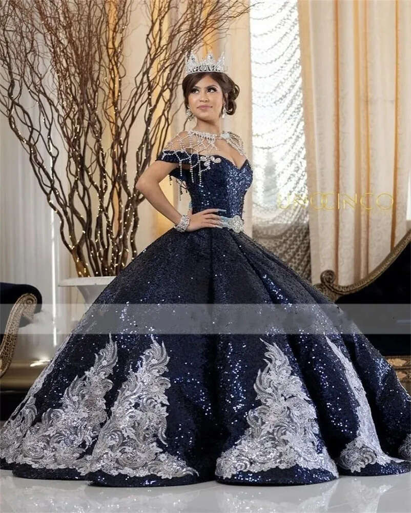 Sparkly Black Sequined Ball Gown Quinceanera Dresses 2024 Off Shoulder Lace Up Sweet 16 Dress Vestidos De 15 Anos 0431