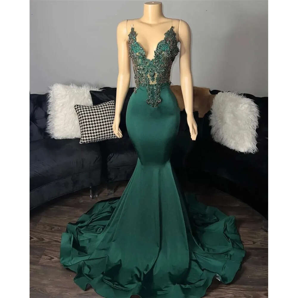 Mermaid Green Satin Vintage Dark Prom Dresses For Black Girls Sexy Backless Formal Evening Party Gown Mal Mal