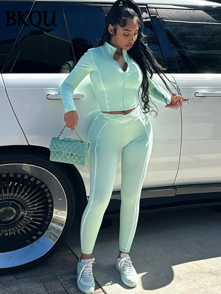 BKQU Patchwork Tracksuit Women 2 Piece Sets Casual Long Sleeve Zip Crop Tops High Waist Leggings Matching Skinny Pants Suit 2024 241129