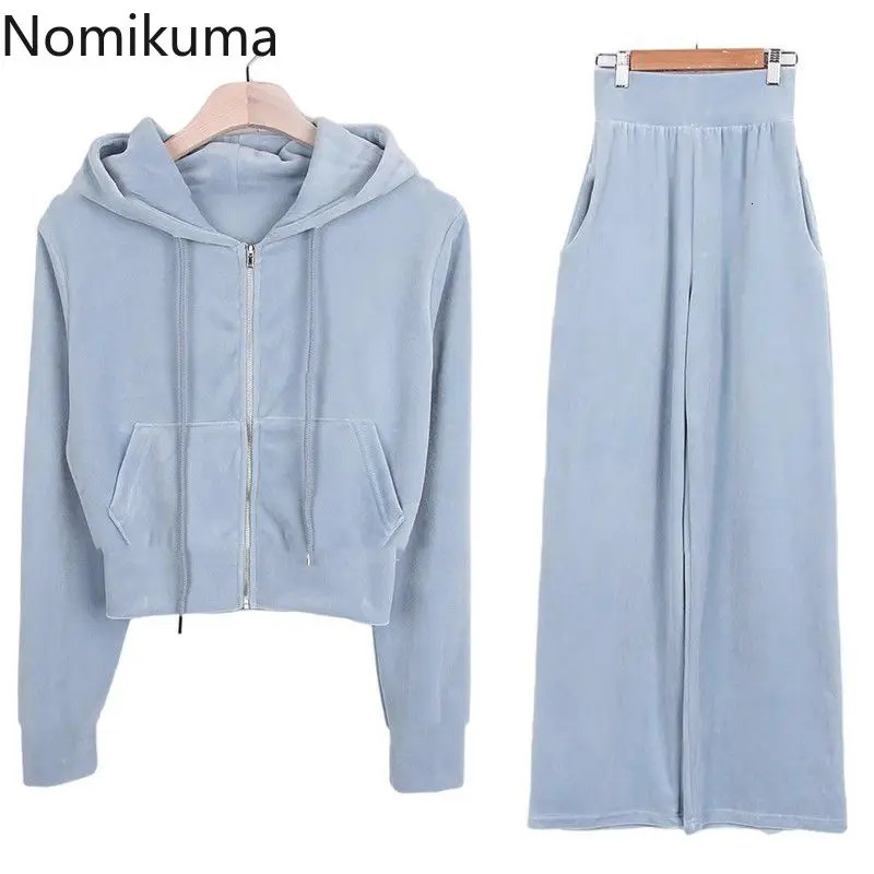 Two Piece Sets Outfits Hooded Zipper Crop Jackets High Waist Straight Wide Leg Pants Suit Casual Fashion Velvet Y2k Set 241129