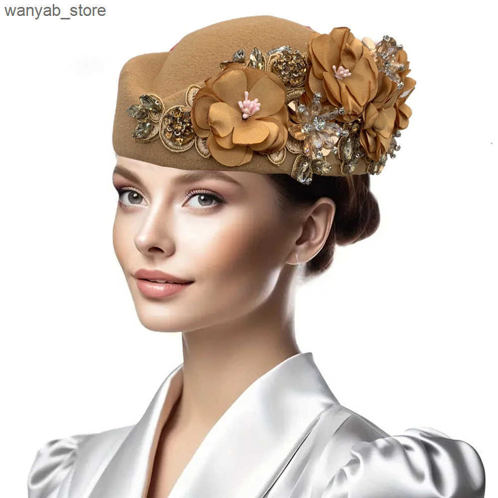 Berets Vintage Felt Turban Hat For Women Church Derby Fascinator With Flower Ladies Soft Beret Caps For party Airline Stewardess Hat L240910