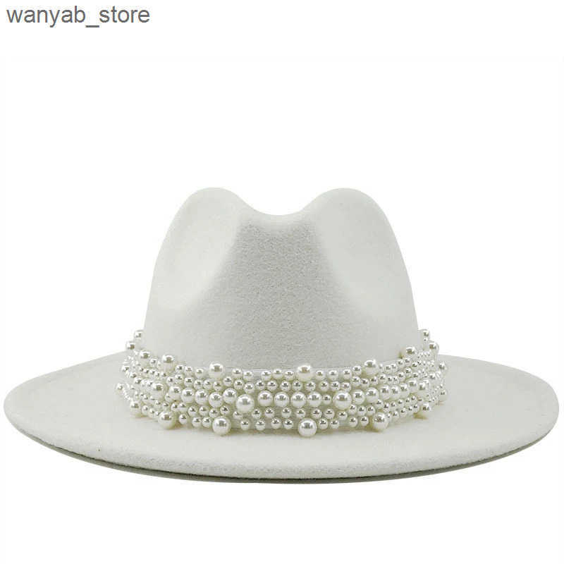 Wide Brim Hats Bucket Hats Women Men Wool Fedora Hat With Pearl Ribbon Gentleman Elegant Lady Winter Autumn Wide Brim Church Panama Sombrero Jazz Cap 