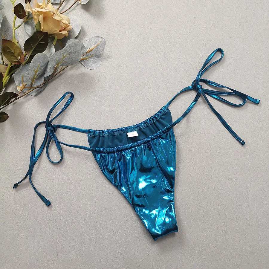 Women's Swimwear 2024 sapphire blue glossy bikini womens clothing swimsuit summer beach vacation set thong swimsuit Bandeau backless swimsuit H24