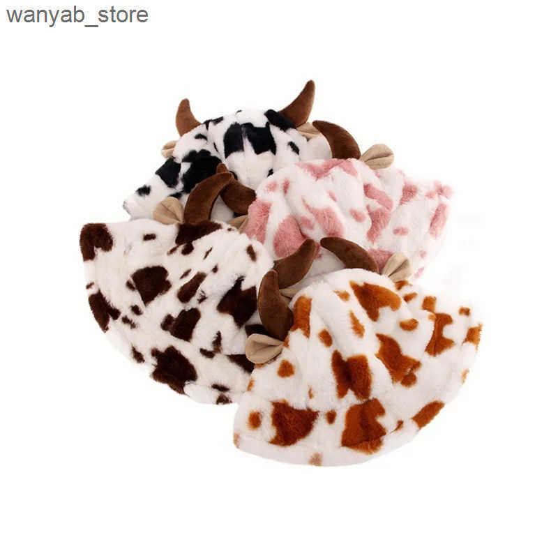 Wide Brim Hats Bucket Autumn and winter new cow print horn fisherman hat female Korean fashion plush thickened warm basin L240910