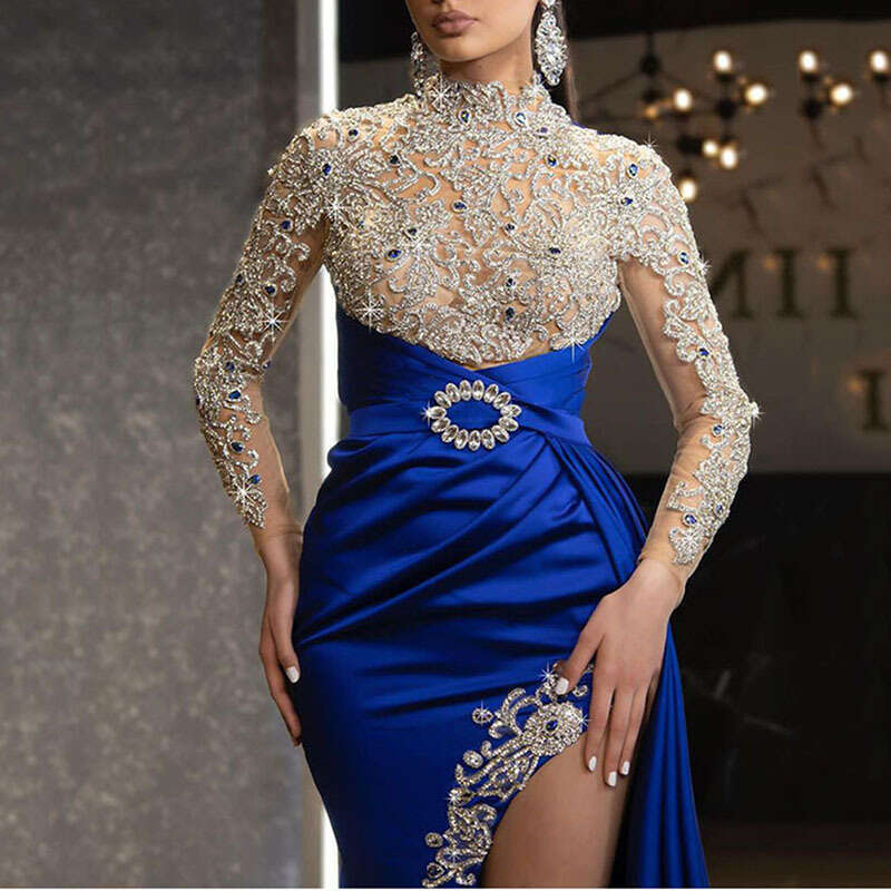 European American women's blue gold sprinkled split splicing half high neck evening dress 2024 new style chic and elegant clothing