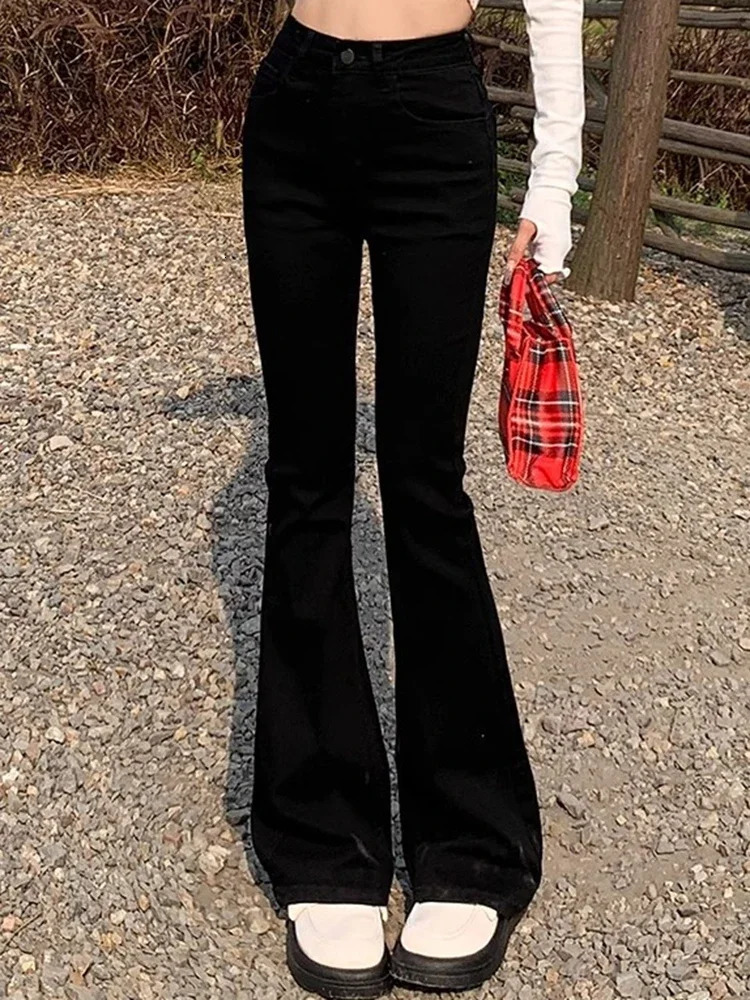 Female High Waist Vintage Bell Bottom Jeans Lady Slim Fit Denim Flare Pants Deep Blue Light Black Gray Trousers 241121