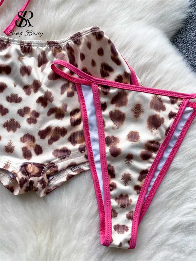 Women's Swimwear SINGREENY Leopard Bikini Hotswt Thr Piece Set Strap Bra+Ultra Thin Shorts+Mini Dress 2024 Womens Lace Top Back Sexy Set H241130