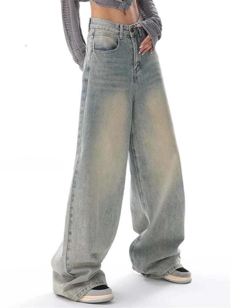 Womens American Vintage Washed Thin Jeans Street Casual Neutral Style Blue Denim Trousers Female High Waist Straight Pants 241121