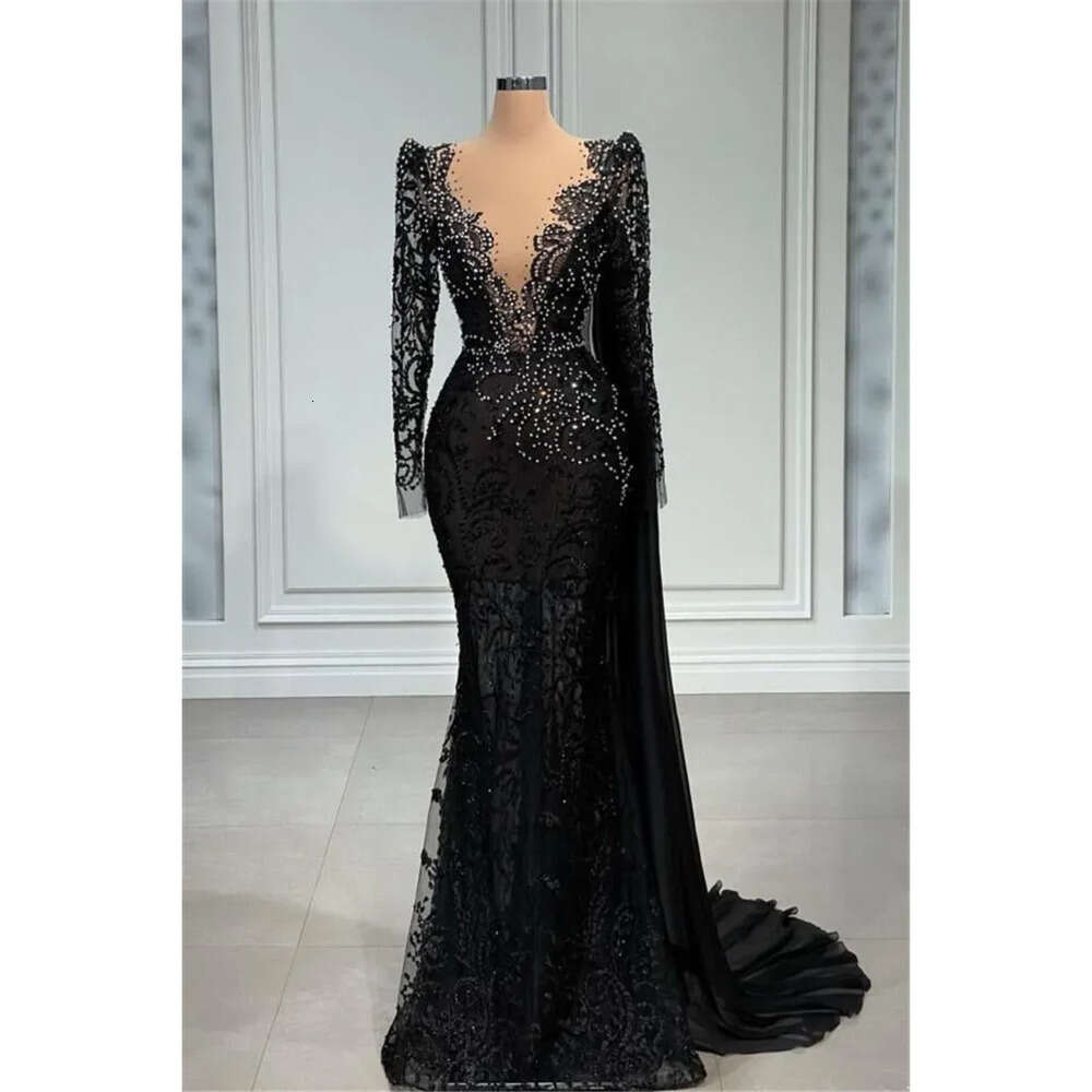Evening Vintage Mermaid Black Lace Dresses With White Beads Sheer Deep V Neck Long Sleeve Appliques Ocn Party Gowns Prom Vestidos Bc Estidos 6660306