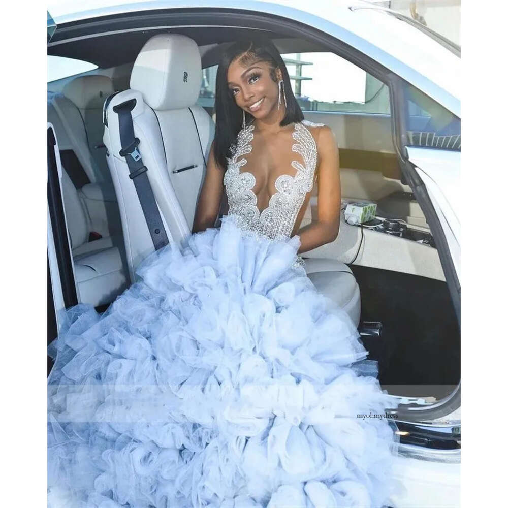Sparkly Diamonds Long Blue Prom 2024 For Black Girls Crystal Rhinestone Beading Tiered Ruffle Birthday Party Dress Robe 0431
