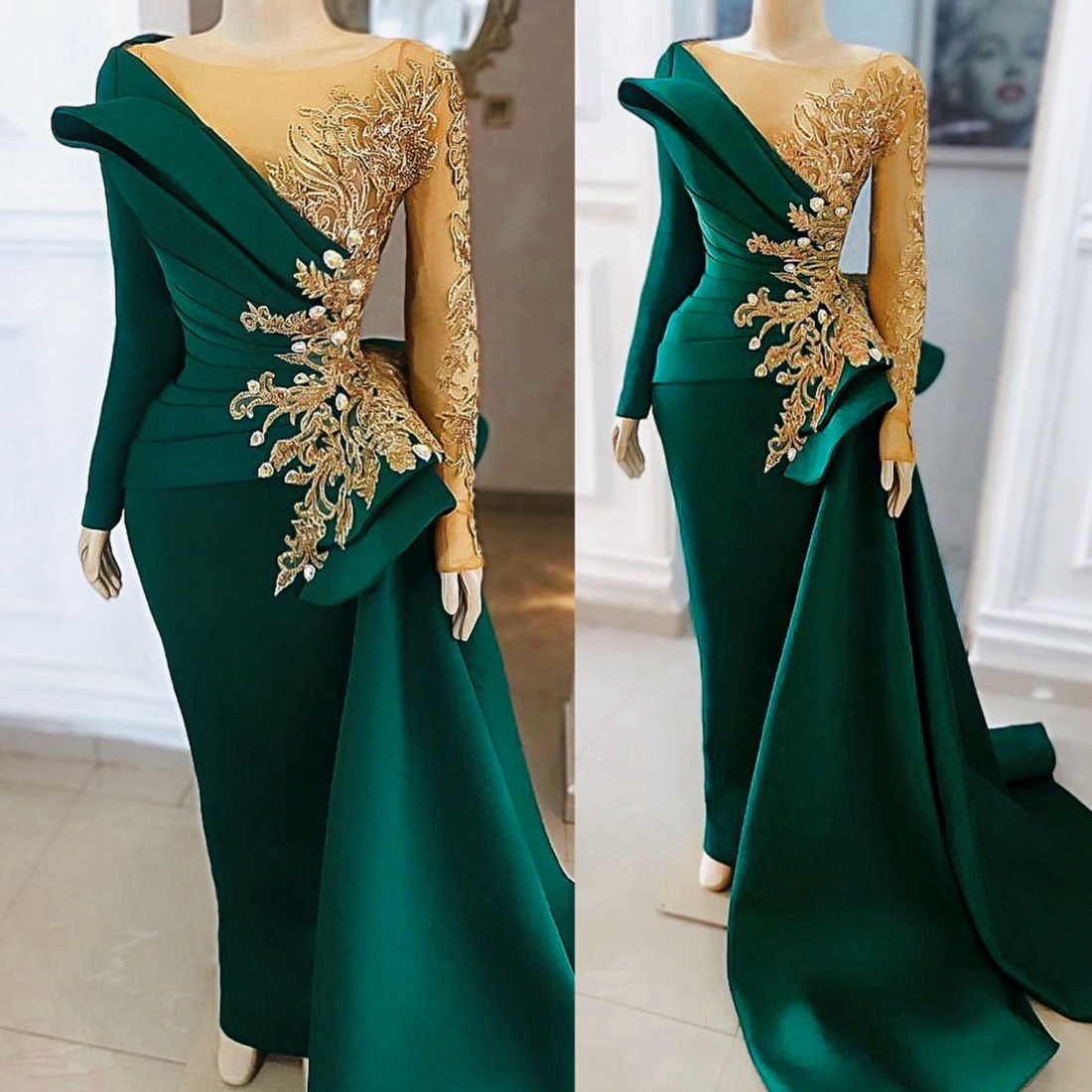2024 Green Mother of the Bride Gowns Formal Dresses for Women Long Sleeves Sheer Neck Illusion Appliqued Beaded Lace Birthday Mothers Dress for Occasi