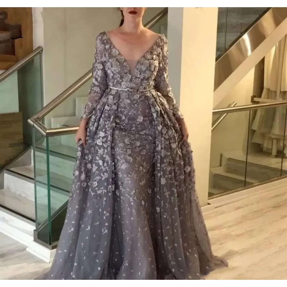 Bride Mother Of Gray The Dresses Deep V Neck Long Sleeves Mermaid Ruched Lace Overskirts D Floral Flowers Prom Party Gowns Women Formal Wear Floor Len