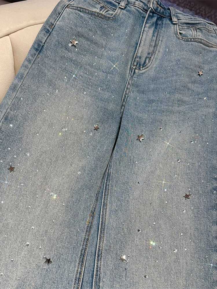 Women's Jeans Fashionable and shiny blue jeans for women Rhinestone Star high waisted straight denim pants spring chic and loose Trouser womens p