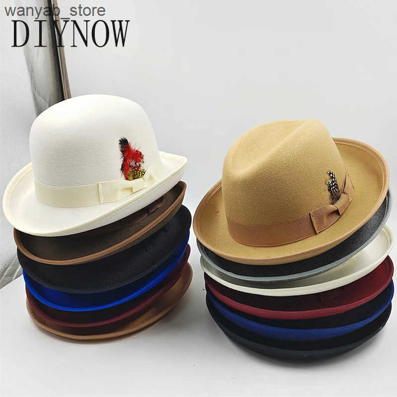 Wide Brim Hats Bucket New High Quality Man Fedora Unisex Gentleman Round Top Cap Cosplay Feather Accessories Derby Bowler Hat British Shape L240910
