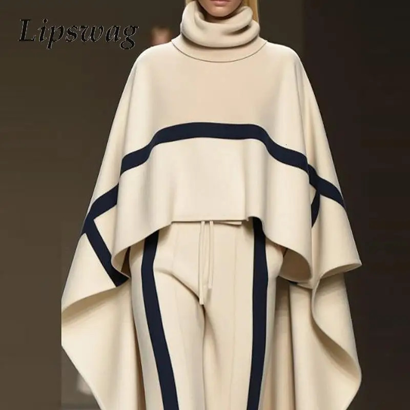 Women Winter Temperament Outfit Show Style Scarf Collar Bat Sleeve Cloak Tops Drawstring Pants Set Chic Striped Stitch 2Pcs Suit 241129