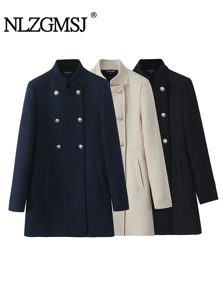 TRAF 2024 Autumn Woman Coat Double Breasted Long Artificial Wool Blended Sleeve Woolen Warm Women 241121